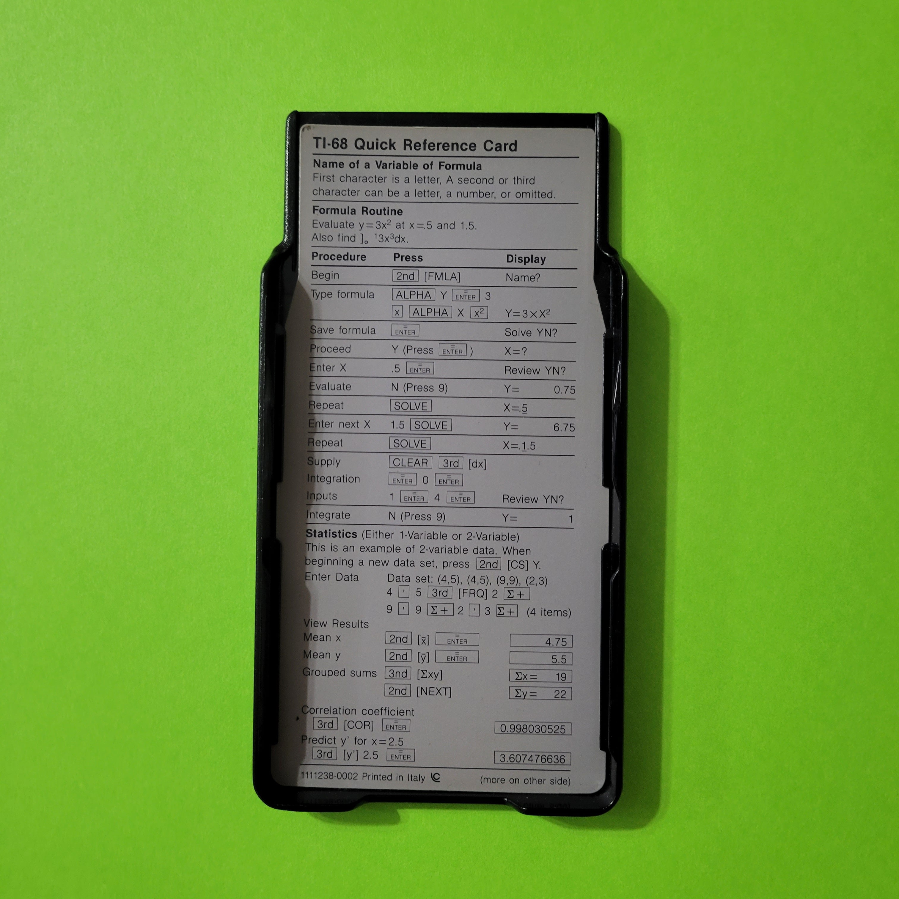 An image of the front side of the quick reference card for the Texas Instruments TI-68 scientific calculator